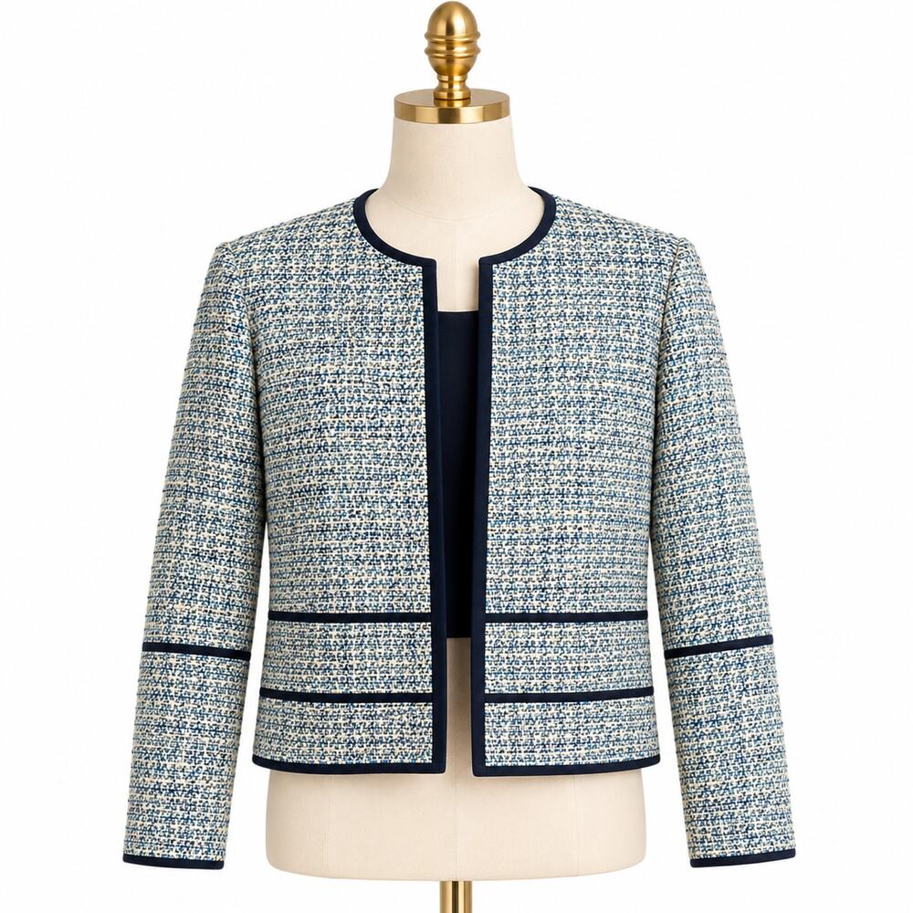 Lafayette 148 New York Tweed Collarless Jacket M Blue Ivory